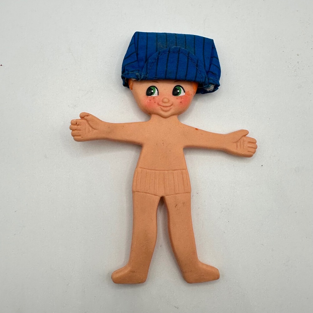 Vintage 1969 Ideal Flatsy Rubber Doll Boy Orange Hair Green Eyes Blue Hat Toy
